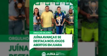 Imagem dos atletas de Juína com seus troféus dos Jogos Abertos. Créditos: Prefeitura de Juína / Instagram