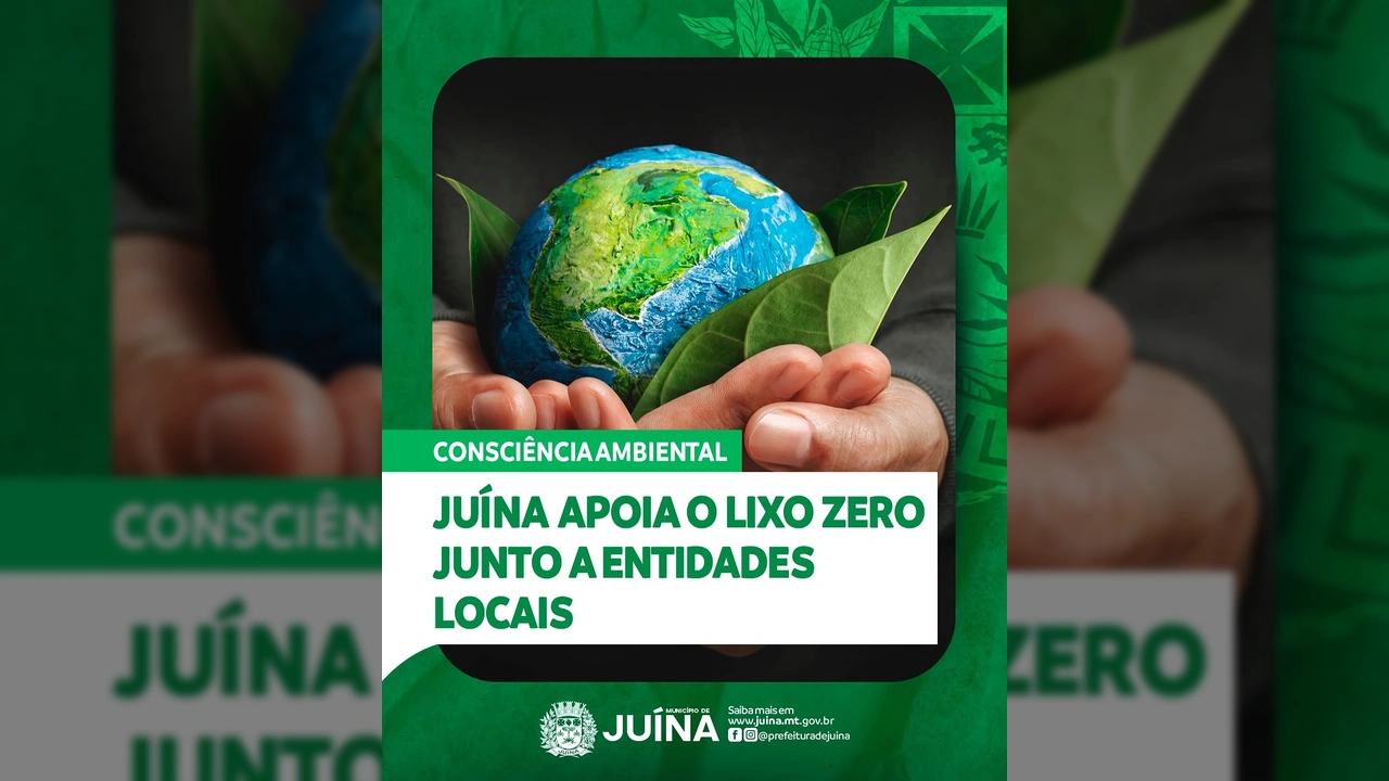Mãos segurando o planeta Terra e folhas verdes, simbolizando a consciência ambiental em Juína. Imagem: Prefeitura de Juína / Instagram