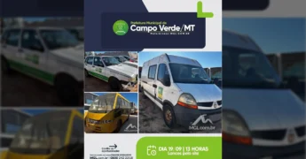 Imagem de diversos veículos e uma motoniveladora que serão leiloados pela Prefeitura de Campo Verde, MT