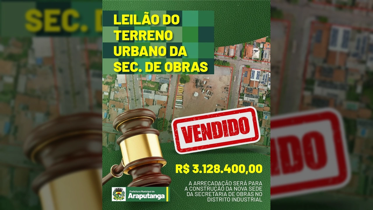 Imagem ilustrativa de um martelo de leilão com a inscrição 'VENDIDO' e o valor de R$ 3.128.400,00, representando o sucesso do leilão em Araputanga, com créditos para Prefeitura de Araputanga / Instagram