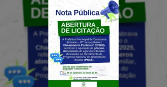 Imagem ilustrativa de uma Nota Pública sobre abertura de licitação para gêneros alimentícios em Canabrava do Norte, MT, com selo da Prefeitura de Canabrava do Norte / Instagram @prefeituradecanabravadonorte