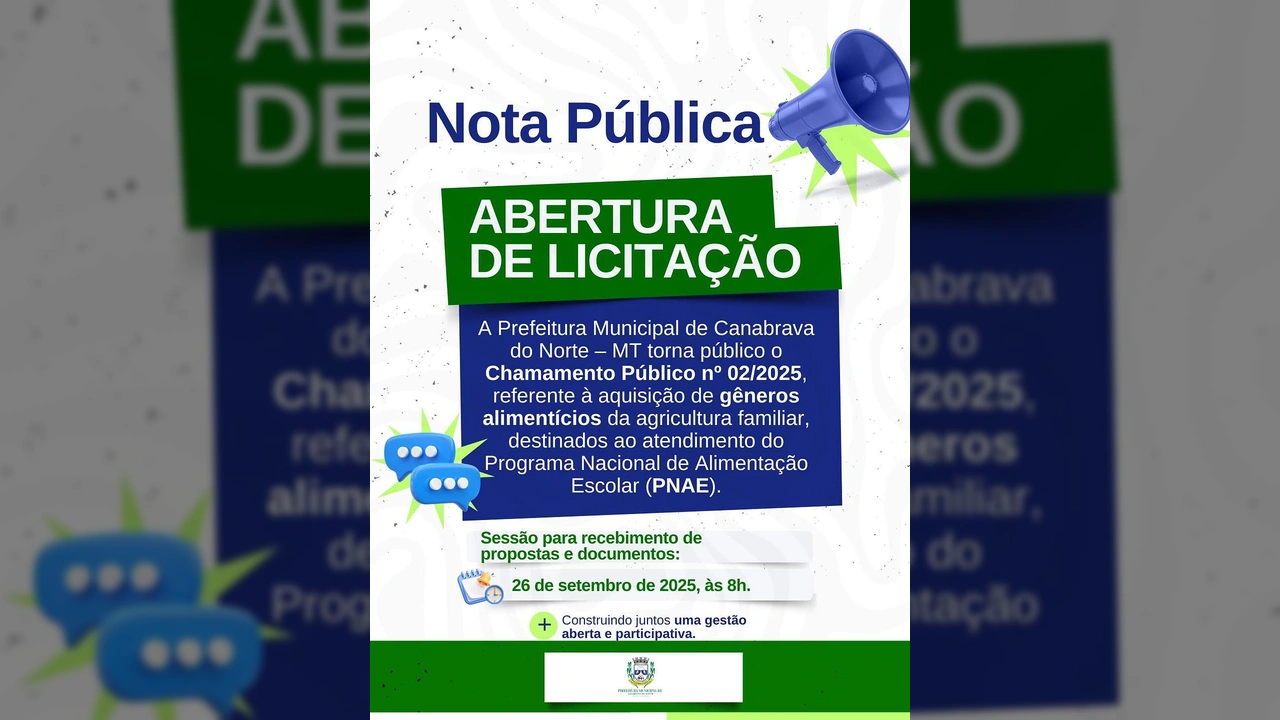 Imagem ilustrativa de uma Nota Pública sobre abertura de licitação para gêneros alimentícios em Canabrava do Norte, MT, com selo da Prefeitura de Canabrava do Norte / Instagram @prefeituradecanabravadonorte