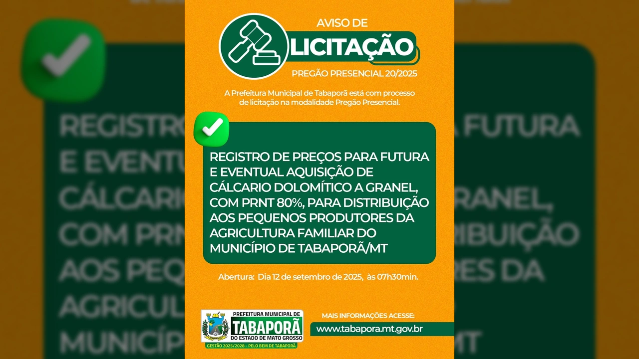 Imagem ilustrativa de martelo de leilão e texto sobre licitação de calcário dolomítico em Tabaporã / Instagram @prefeituradetabapora