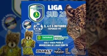 Imagem promocional da Liga Matogrossense de Futsal Sub-20 2025 em Tapurah, com um jaguar mascote e o logo do evento. Créditos: ligamatogrossense / Instagram