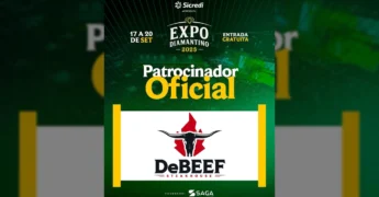Logotipo DeBEEF Steakhouse, apresentando o crânio de um touro com chifres em fundo vermelho, ao lado do texto 'DeBEEF Steakhouse', em imagem do post de @expodiamantino.