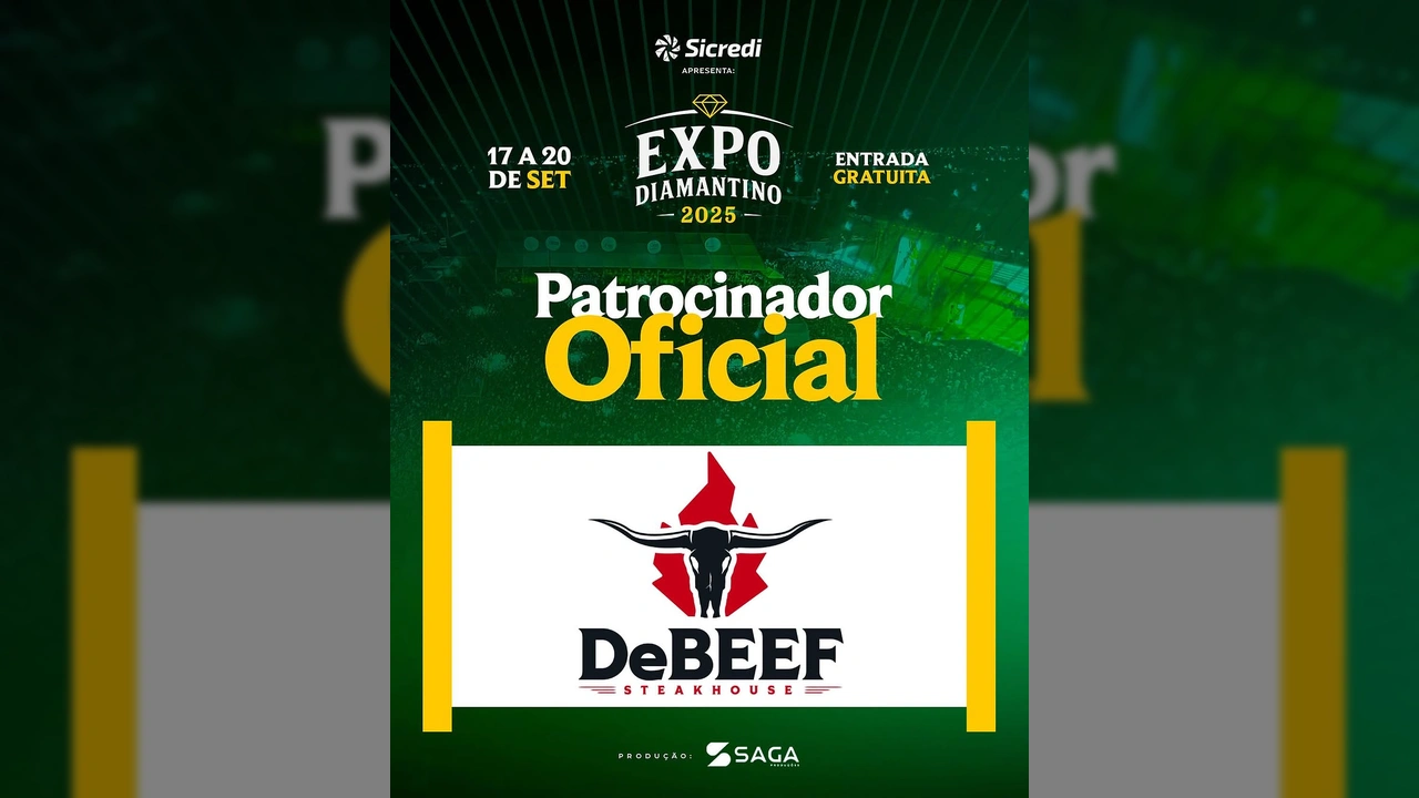 Logotipo DeBEEF Steakhouse, apresentando o crânio de um touro com chifres em fundo vermelho, ao lado do texto 'DeBEEF Steakhouse', em imagem do post de @expodiamantino.