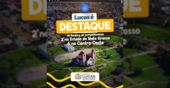 Imagem aérea de Lucas do Rio Verde, MT, destacando o segundo lugar em competitividade e primeiro em educação e saúde. Crédito: Prefeitura de Lucas do Rio Verde.