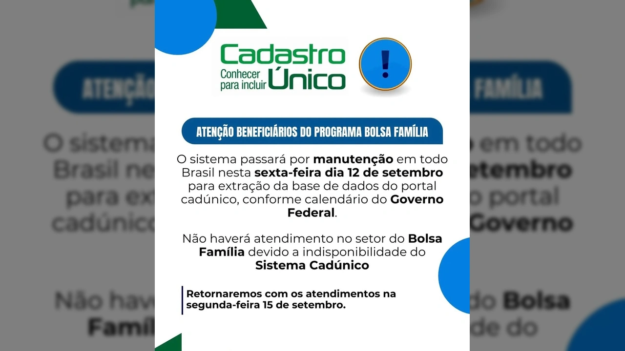 Imagem informativa sobre a interrupção do sistema Cadastro Único para manutenção, afetando o Bolsa Família. Créditos: bolsafamilia_atualidades no Instagram.