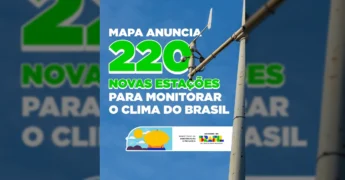 Imagem de um anemômetro com a frase 'MAPA anuncia 220 novas estações para monitorar o clima do Brasil' ao fundo, sob céu azul. Créditos: Instagram mapa_brasil