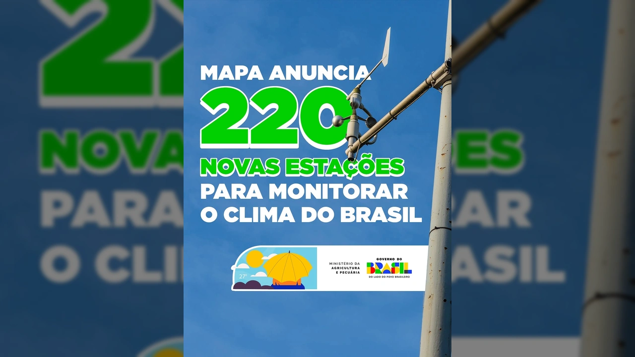 Imagem de um anemômetro com a frase 'MAPA anuncia 220 novas estações para monitorar o clima do Brasil' ao fundo, sob céu azul. Créditos: Instagram mapa_brasil