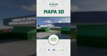 Visão aérea do mapa 3D da Expodiamantino 2025 com estruturas de exposição, palco e área VIP. Créditos: expodiamantino / Instagram.