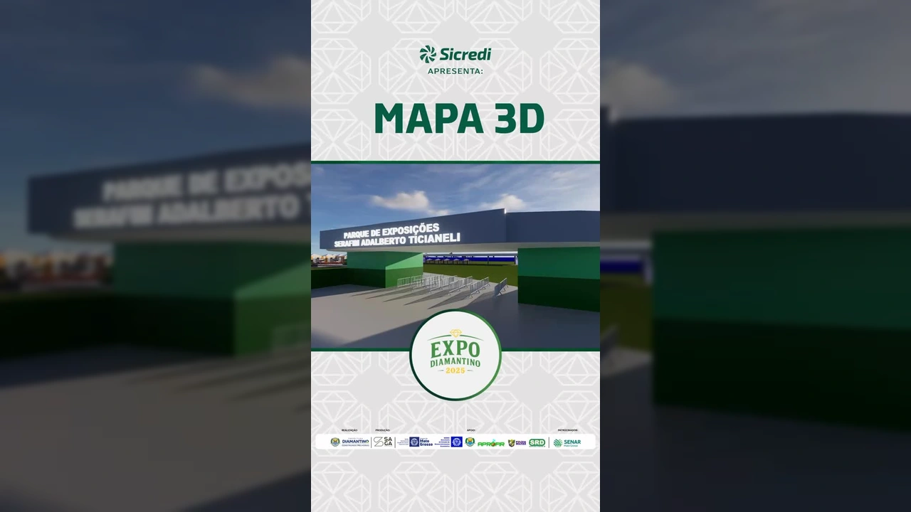 Visão aérea do mapa 3D da Expodiamantino 2025 com estruturas de exposição, palco e área VIP. Créditos: expodiamantino / Instagram.