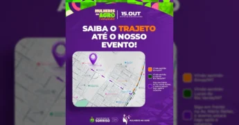 Mapa com rotas para o evento Mulheres no Agro Conexão no Centro de Eventos Sicredi em Sorriso, divulgado pelo Sindicato Rural de Sorriso