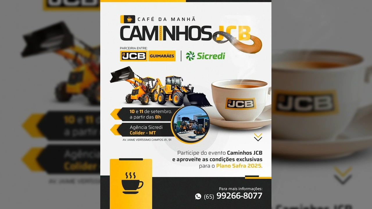 Imagem de máquinas JCB e uma xícara de café, representando o evento Caminhos JCB em Colíder. Créditos: Sindicato Rural De Colíder / Instagram.