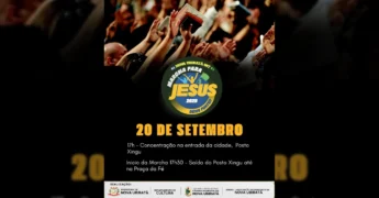Pessoas com as mãos levantadas em adoração durante a Marcha para Jesus 2025 em Nova Ubiratã, com David Quinlan confirmado. Crédito: Instagram/prefeituradenovaubirata