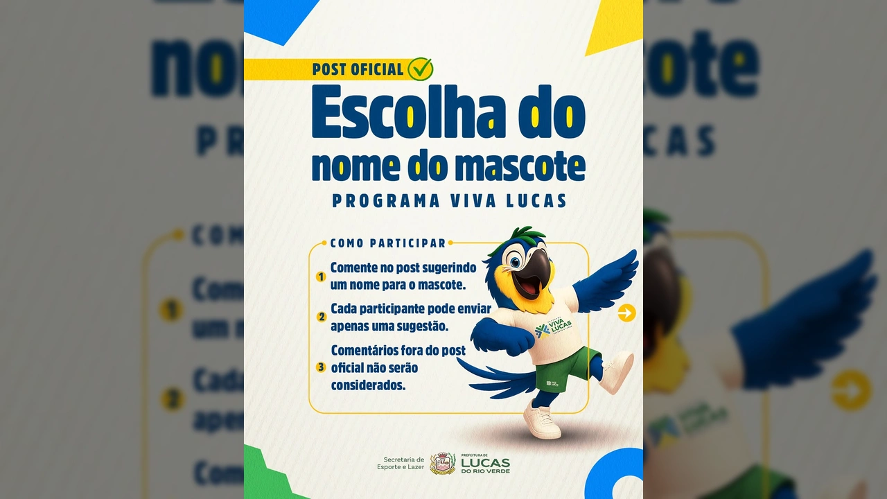 Imagem da Arara Canindé, mascote do programa Viva Lucas, para campanha de escolha de nome, divulgada pela Secretaria de Esporte e Lazer de Lucas do Rio Verde. Crédito: @vivalucasesportelazer no Instagram.
