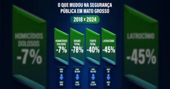 Infográfico mostrando a queda nos índices de criminalidade em Mato Grosso, de 2018 para 2024, com destaque para Homicídios, Roubos, Furtos e Latrocínio, créditos ao Mauro Mendes / Instagram