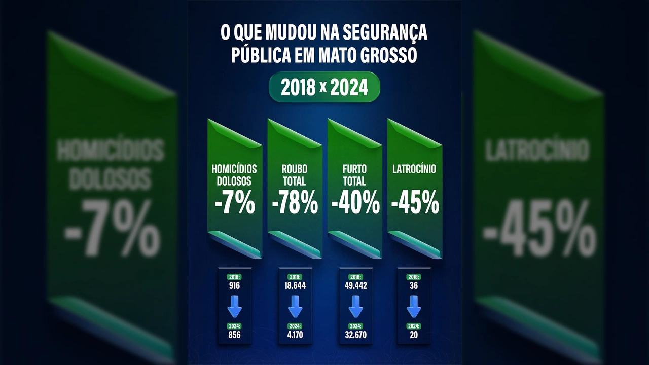 Infográfico mostrando a queda nos índices de criminalidade em Mato Grosso, de 2018 para 2024, com destaque para Homicídios, Roubos, Furtos e Latrocínio, créditos ao Mauro Mendes / Instagram