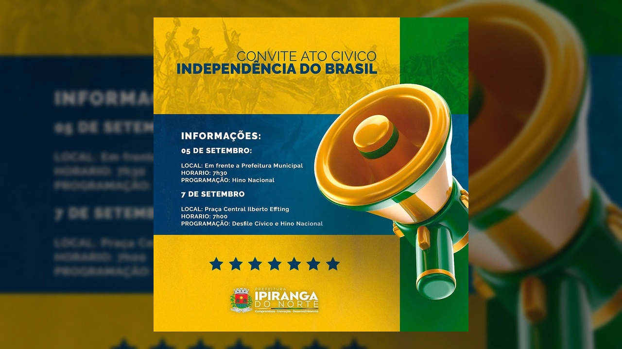 Megafone nas cores da bandeira do Brasil para divulgar os atos cívicos em Ipiranga do Norte, creditos à Prefeitura Municipal de Ipiranga do Norte - MT / Instagram