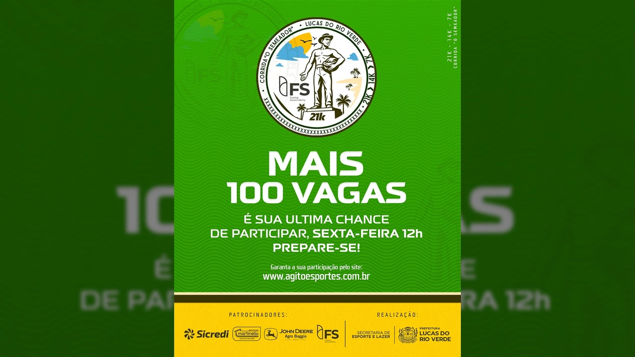 Banner promocional da Meia Maratona do Semeador com anúncio de mais 100 vagas em Lucas do Rio Verde, com informações de patrocinadores e realizadores. Credito: Secretaria de Esporte e Lazer de Lucas do Rio Verde / Instagram