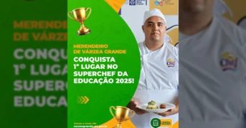 Foto de Victor Hugo Mota, merendeiro de Várzea Grande, com seu prato e troféu após vencer o SuperChef da Educação 2025. Créditos: Prefeitura de Várzea Grande MT.