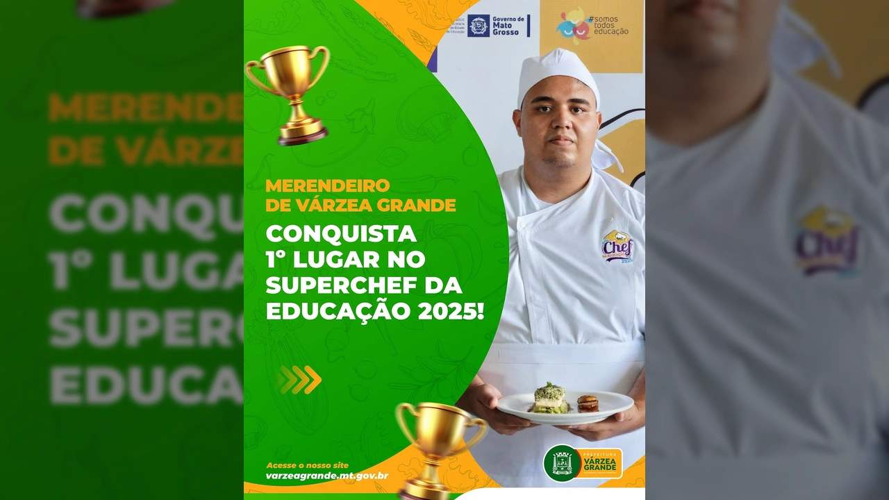 Foto de Victor Hugo Mota, merendeiro de Várzea Grande, com seu prato e troféu após vencer o SuperChef da Educação 2025. Créditos: Prefeitura de Várzea Grande MT.