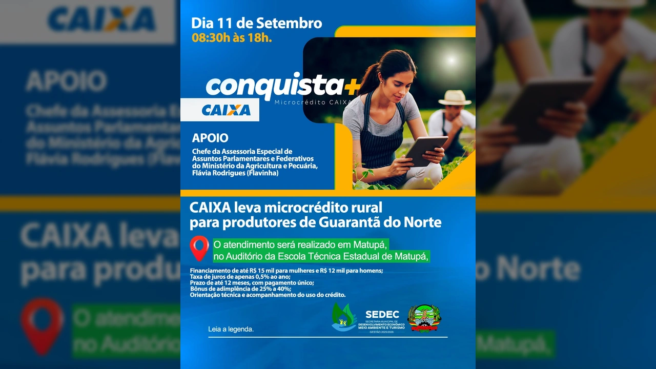 Mulher agricultora manuseando um tablet em campo, representando a modernização e o acesso a crédito rural do programa Conquista+ da CAIXA para produtores de Guarantã do Norte em Matupá. Créditos: Prefeitura Municipal de Guarantã do Norte / Instagram