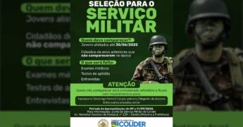 Imagem de um soldado em uniforme de camuflagem facial, capacete e fuzil, representando a seleção do serviço militar em Colíder. Crédito: Prefeitura de Colíder / Instagram