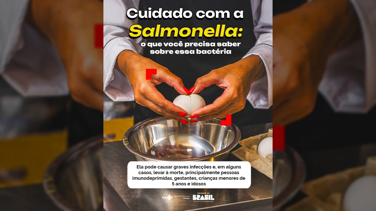 Imagem ilustrativa de mãos quebrando um ovo, com foco na prevenção da Salmonella. Créditos: Instagram @minsaude