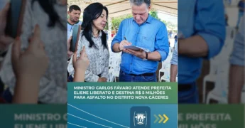 Ministro Carlos Fávaro e Prefeita Eliene Liberato Dias discutindo o projeto de asfaltamento para Nova Cáceres. Imagem de pref_caceres no Instagram.