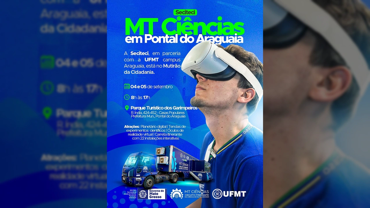 Jovem usando óculos de realidade virtual durante o evento MT Ciências em Pontal do Araguaia. Imagem de Seciteci / Instagram