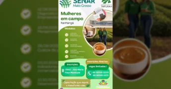 Banner informativo sobre o Curso Mulher em Campo em Itanhangá, destacando a parceria entre Prefeitura e SENAR-MT. Créditos: prefeituraitanhanga no Instagram.