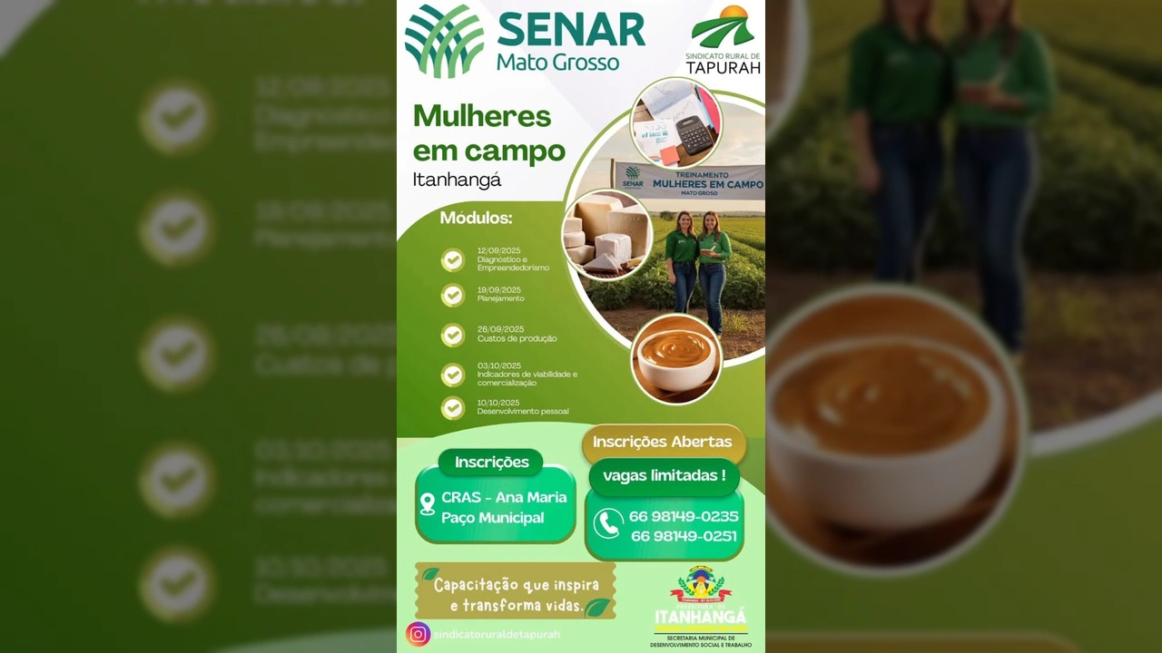 Banner informativo sobre o Curso Mulher em Campo em Itanhangá, destacando a parceria entre Prefeitura e SENAR-MT. Créditos: prefeituraitanhanga no Instagram.