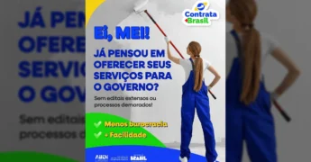 Imagem de uma mulher pintando uma parede, representando um microempreendedor individual (MEI) oferecendo serviços, com o logo do Contrata+Brasil. Créditos: Ministério da Gestão e da Inovação em Serviços Públicos / Instagram