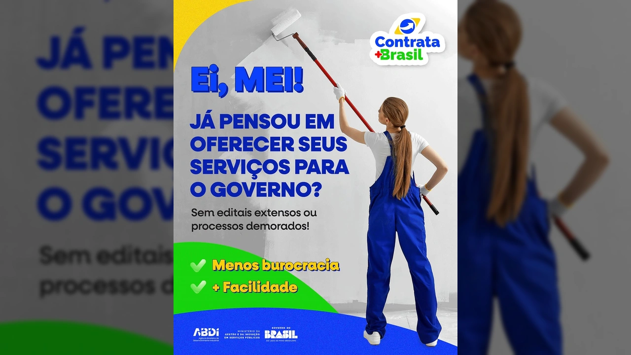 Imagem de uma mulher pintando uma parede, representando um microempreendedor individual (MEI) oferecendo serviços, com o logo do Contrata+Brasil. Créditos: Ministério da Gestão e da Inovação em Serviços Públicos / Instagram