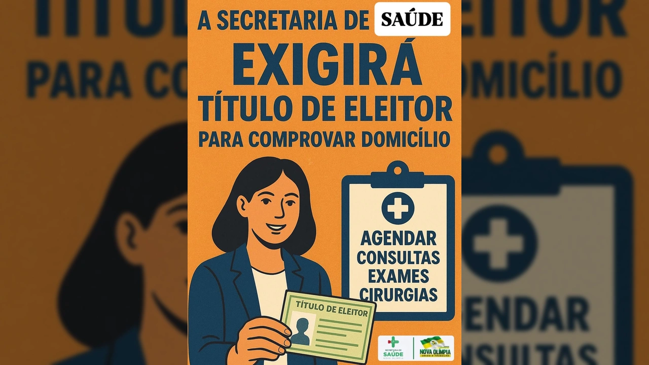 Ilustração de mulher apresentando Título de Eleitor para agendamentos médicos em Nova Olímpia. Crédito: Secretaria Municipal de Saúde-NO / Instagram.
