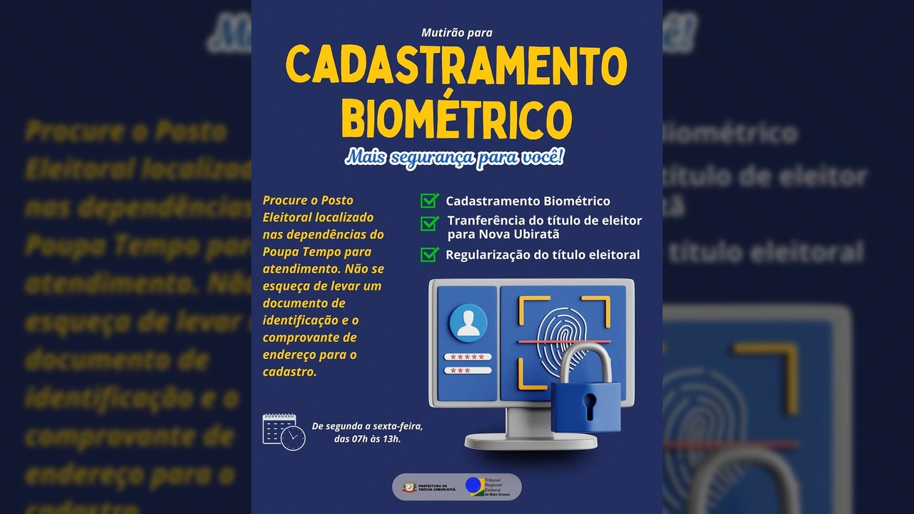 Ilustração de tela de computador com ícones de usuário e impressão digital, simbolizando o cadastramento biométrico, junto a um cadeado azul, indicando segurança, em Nova Ubiratã. Crédito: Prefeitura Municipal de Nova Ubiratã.