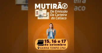 Imagem divulgando o mutirão da Setasc em Cuiabá para emissão da Carteira do Celíaco, com datas de 15 a 17 de setembro.