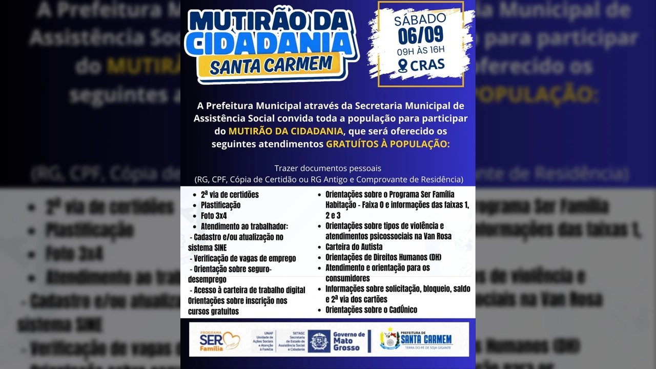 Imagem do cartaz do Mutirão da Cidadania promovido pela Prefeitura de Santa Carmem, com logo do Governo de Mato Grosso e parceiros. Créditos: Prefeitura de Santa Carmem / Instagram