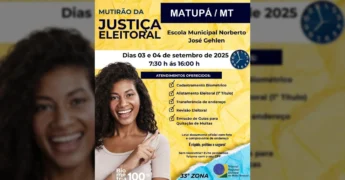 Imagem promocional do Mutirão da Justiça Eleitoral em Matupá, com serviços de biometria e alistamento. Créditos: Prefeitura Municipal de Matupá / Instagram.