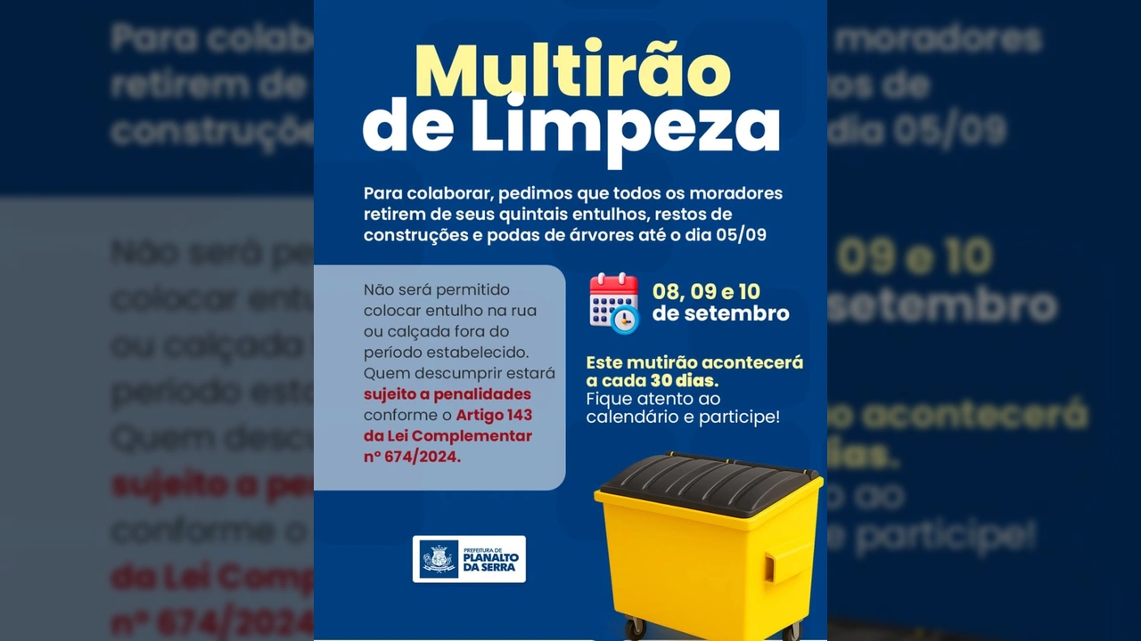 Cartaz anunciando o mutirão de limpeza em Planalto da Serra com datas e informações importantes / Instagram: @planaltodaserra