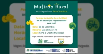 Imagem promocional do Mutirão Rural SENAR em Santa Terezinha, destacando um chapéu de cowboy e um trator, símbolos da vida rural, com informações sobre data e local. Créditos: Prefeitura Santa Terezinha-MT / Instagram.
