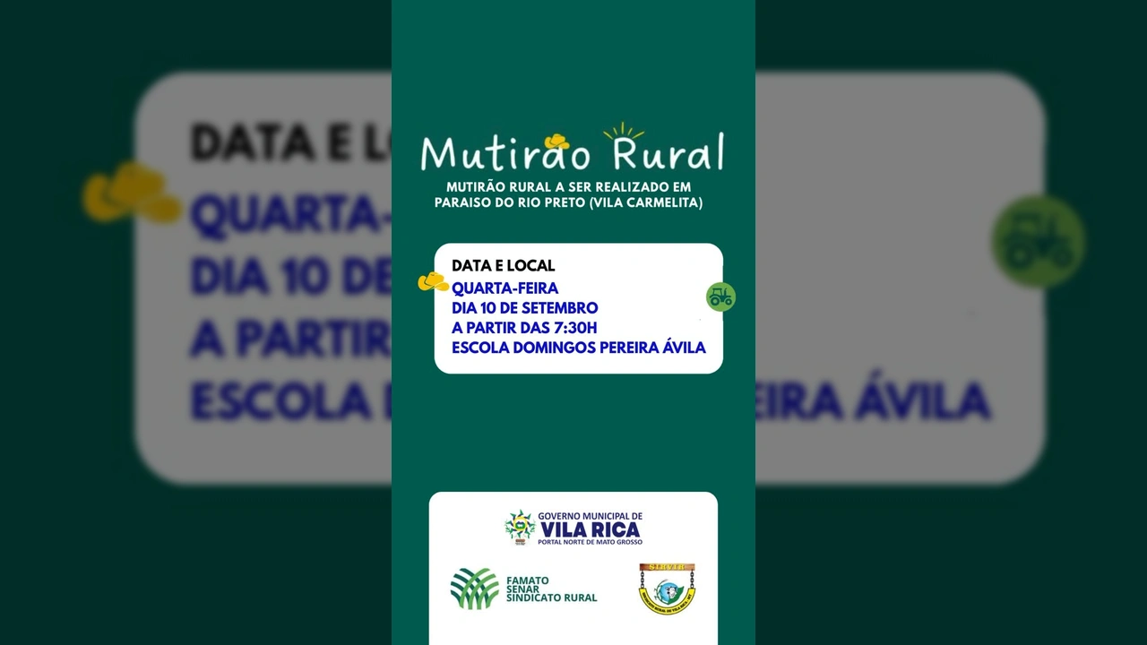 Imagem de divulgação do Mutirão Rural em Paraíso do Rio Preto, Vila Rica, com informações sobre data, local e serviços oferecidos. Créditos: Governo de Vila Rica-MT / Instagram