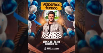 Nando Moreno em destaque no cartaz do show de 77 anos de Barra do Garças, Porto do Baé, créditos para Prefeitura de Barra do Garças / Instagram.