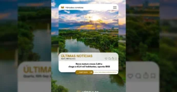 Vista aérea de Nova Mutum ao pôr do sol com lago e prédios, ilustrando o crescimento urbano. Créditos: @novamutumumbr via Hercules Corretora de Imóveis