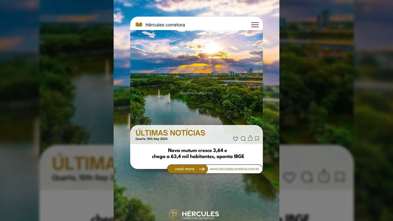 Vista aérea de Nova Mutum ao pôr do sol com lago e prédios, ilustrando o crescimento urbano. Créditos: @novamutumumbr via Hercules Corretora de Imóveis