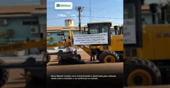 Nova motoniveladora XCMG GR1803BR sendo apresentada em Nova Nazaré, Mato Grosso. Crédito: Prefeitura de Nova Nazaré / Instagram.