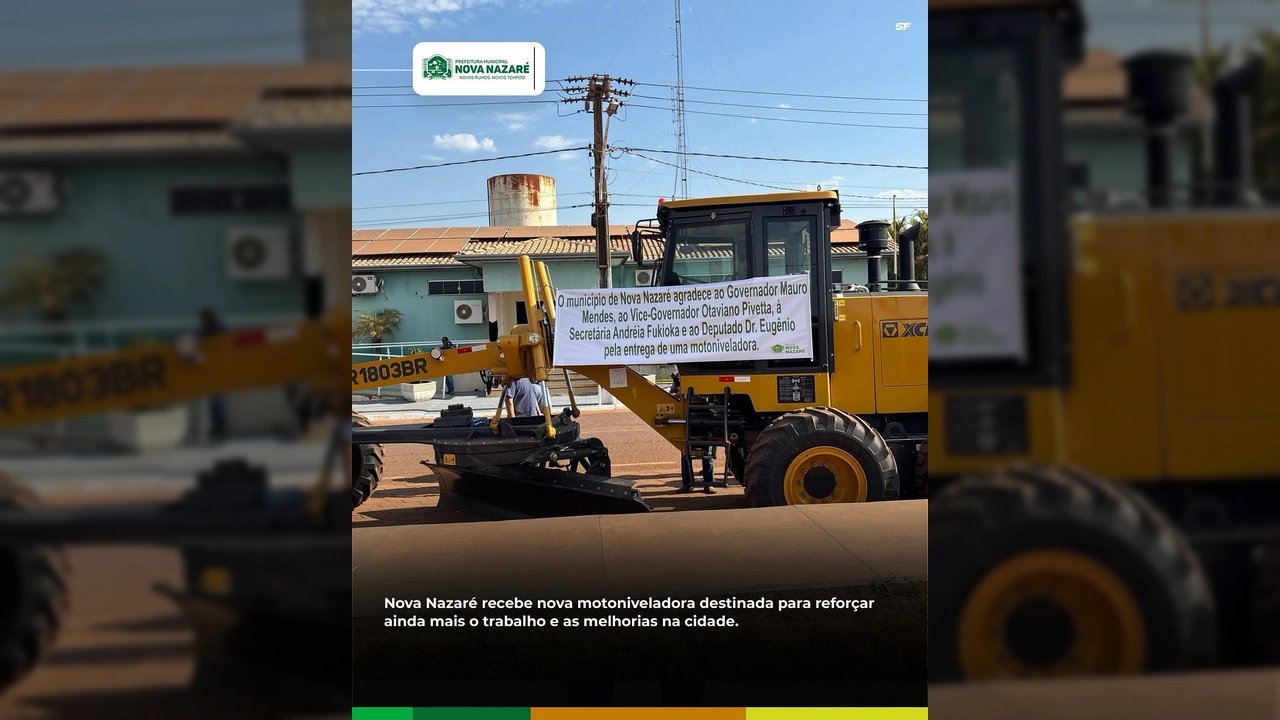 Nova motoniveladora XCMG GR1803BR sendo apresentada em Nova Nazaré, Mato Grosso. Crédito: Prefeitura de Nova Nazaré / Instagram.
