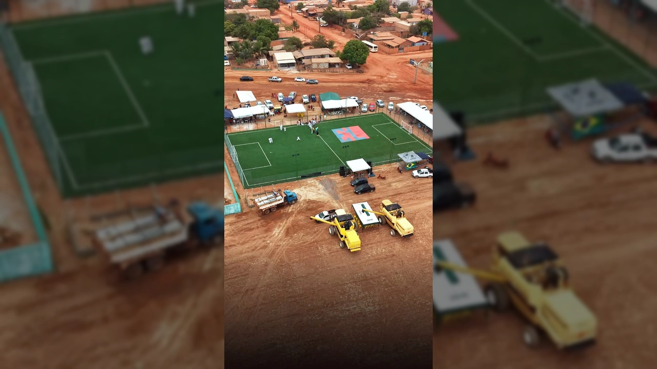 Imagens aéreas do novo campo sintético iluminado em Espigão do Leste, São Félix do Araguaia. Crédito: Instagram @saofelixdoaraguaia.