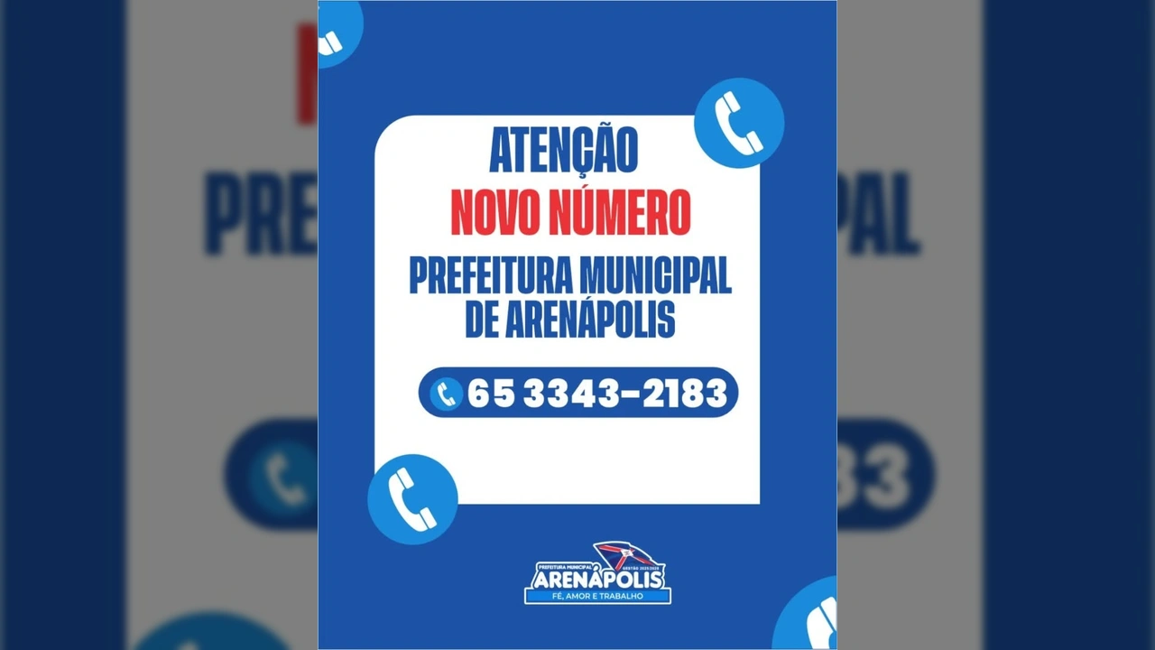 Imagem informativa sobre o novo número de telefone da Prefeitura Municipal de Arenápolis, com o contato (65) 3343-2183. Crédito: Prefeitura Municipal de Arenápolis / Instagram.